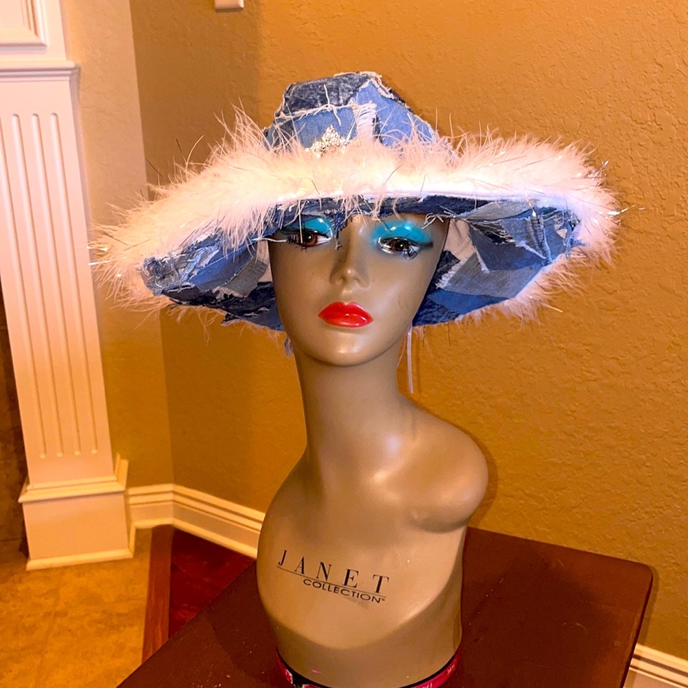 Denim customized fedora with rhinestone crown brooch